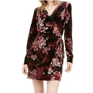 Leyden Black Pink Velvet Floral Long Sleeve Wrap Mini Dress Large